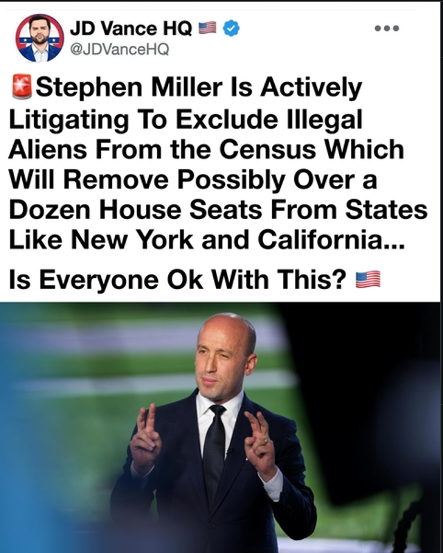 Stephen Miller Challenges Inclusion of Non-Citizens in Census for Congressional Representation
